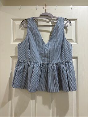 J. Crew Always Striped V-Neck Peplum Tank Top Blue/White Women’s Size 12